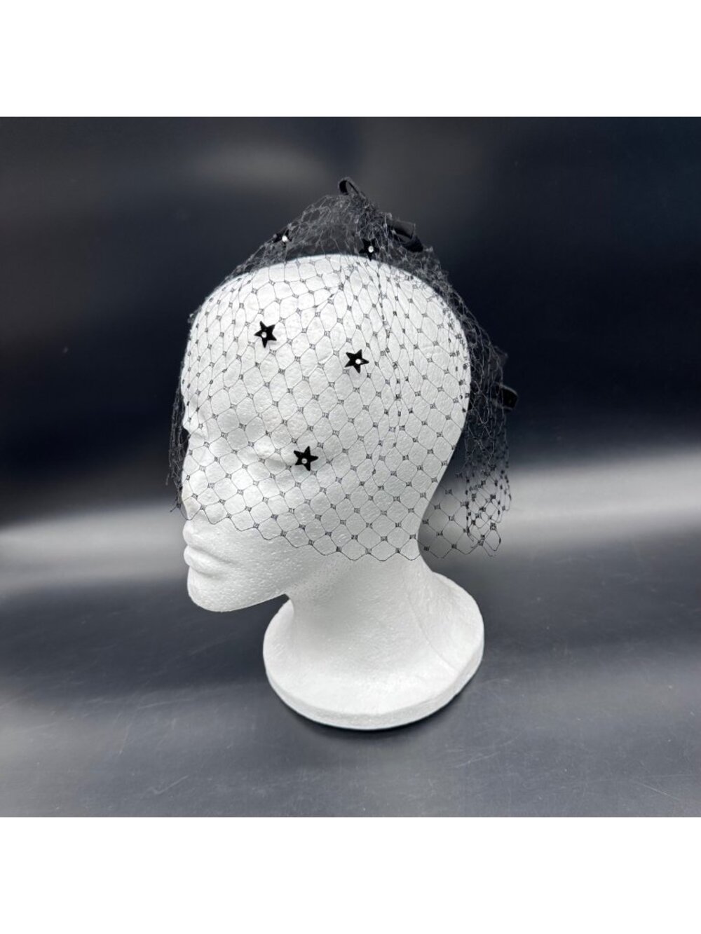 Vintage Black Veil Stars Bows Mid Century Headpiece Costume Accessory Retro Chic